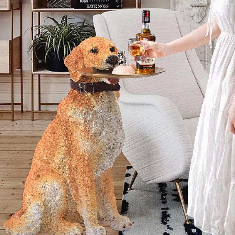 Golden Retriever Dog Statue Tray Holder, Large Resin Dog Floor Decor with Gold Round Tray, Entryway Key Bowl Stand for Living Room, Hallway, TV Cabinet and Housewarming Gift