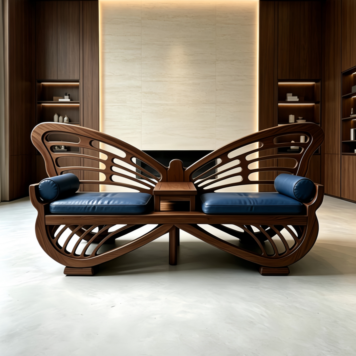 Black Walnut Butterfly Loveseat with Blue Cushions and Center Table