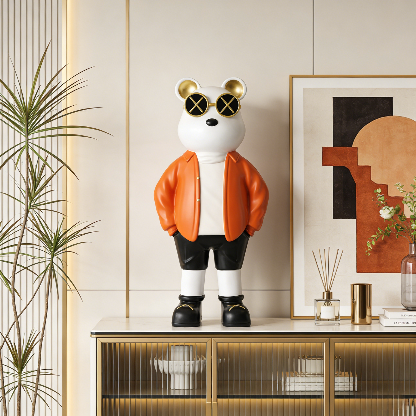 Large Bear Statue with Sunglasses, Orange Floor Decor for Living Room