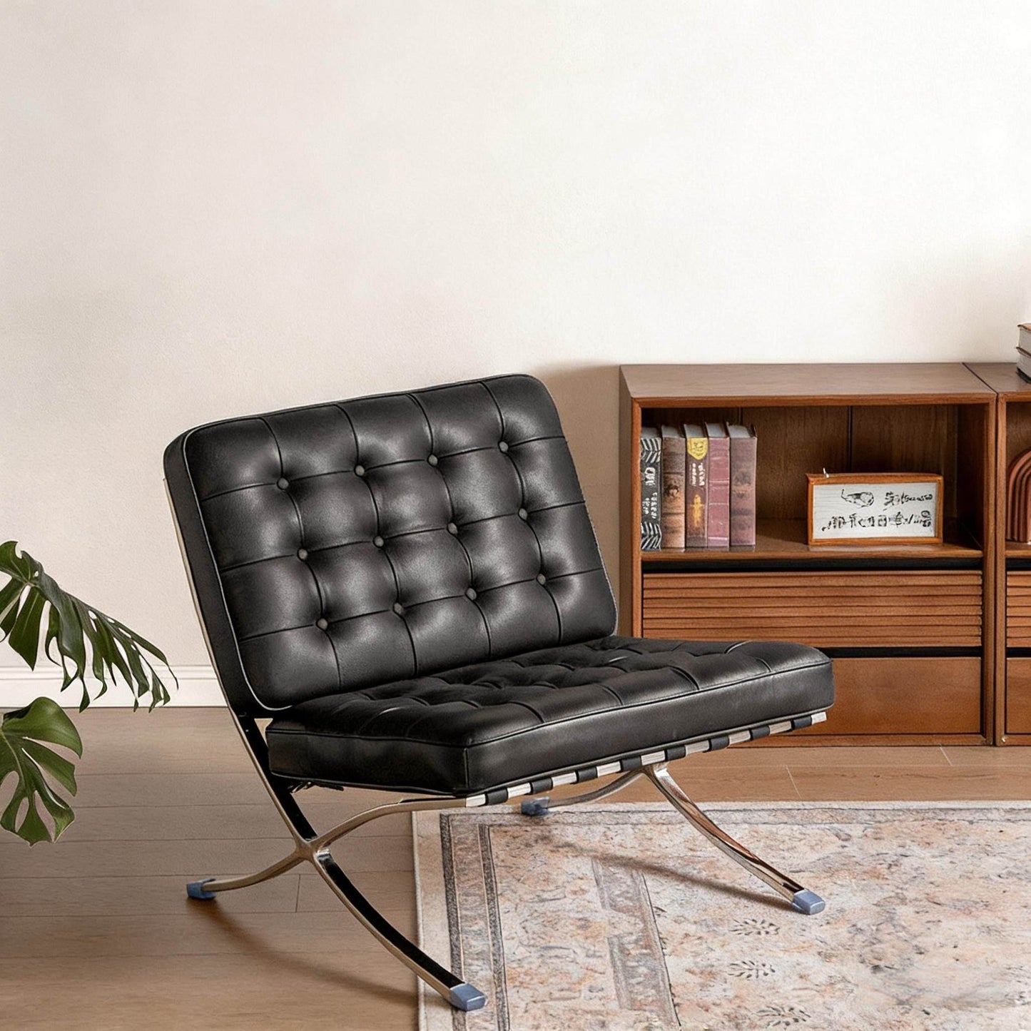 Black Genuine Leather Lounge Chair with Stainless Steel Frame