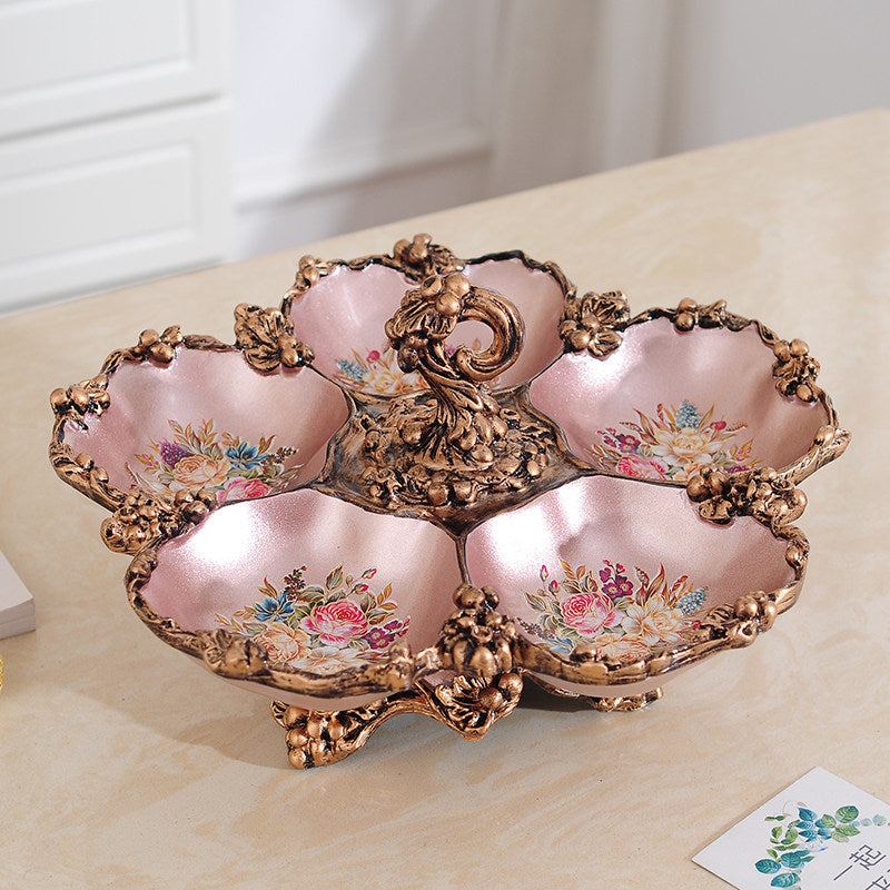 Rose Gold Resin Divided Snack Bowl, Ornate Open-Top Pedestal Candy and Dry Fruit Tray with Multiple Compartments for Coffee Table, Dining Table, Living Room and Entertaining