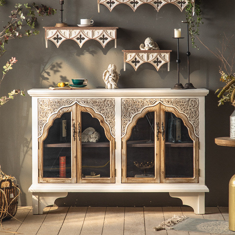 Ivory Carved 4-Door Display Cabinet with Glass Panels and Shelves