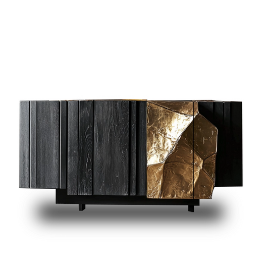 Black and Gold 3 Door Luxury Sideboard Cabinet, Modern Fluted Buffet Storage Cabinet with Textured Gold Accent Doors, Art Deco Style Credenza for Dining Room, Living Room, Entryway, Hallway, and Home Storage