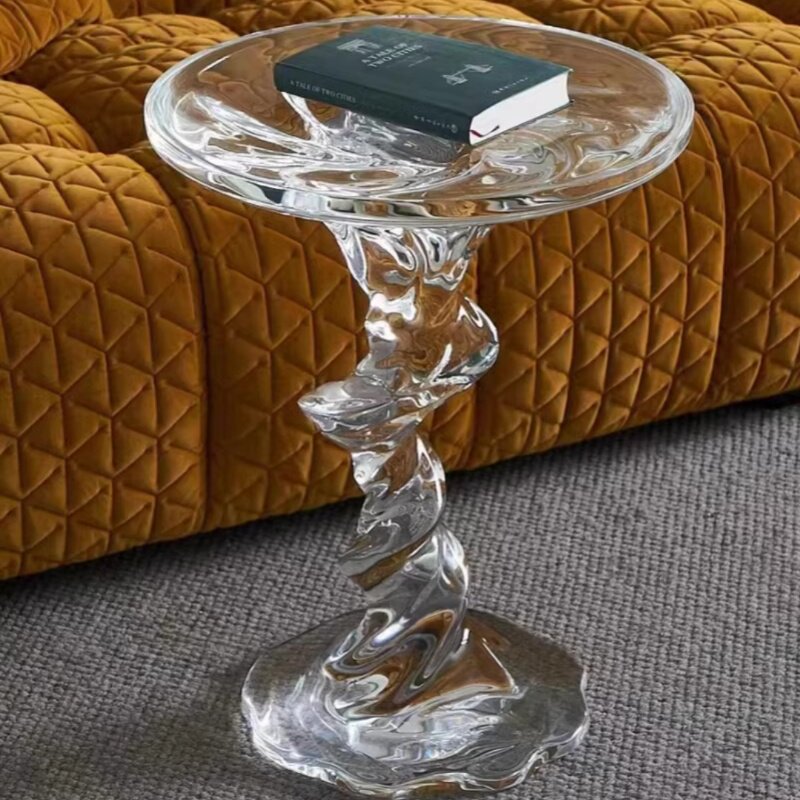 Transparent Resin Side Table, Clear Swirl Accent Table, Sculptural Water Ripple End Table with Round Top, Modern Acrylic Look Pedestal Table for Living Room, Bedroom, Hotel Lobby, Sofa Side