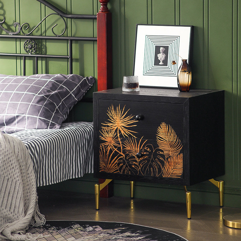 Black Wood Nightstand, Gold Botanical Door and Metal Legs