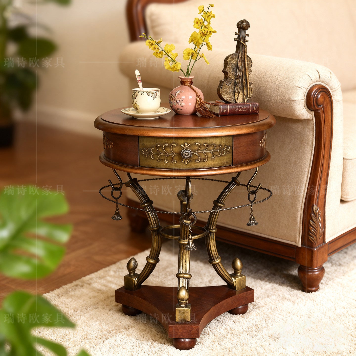 Round Wood Side Table with Glass Top, Drawer and Metal Base