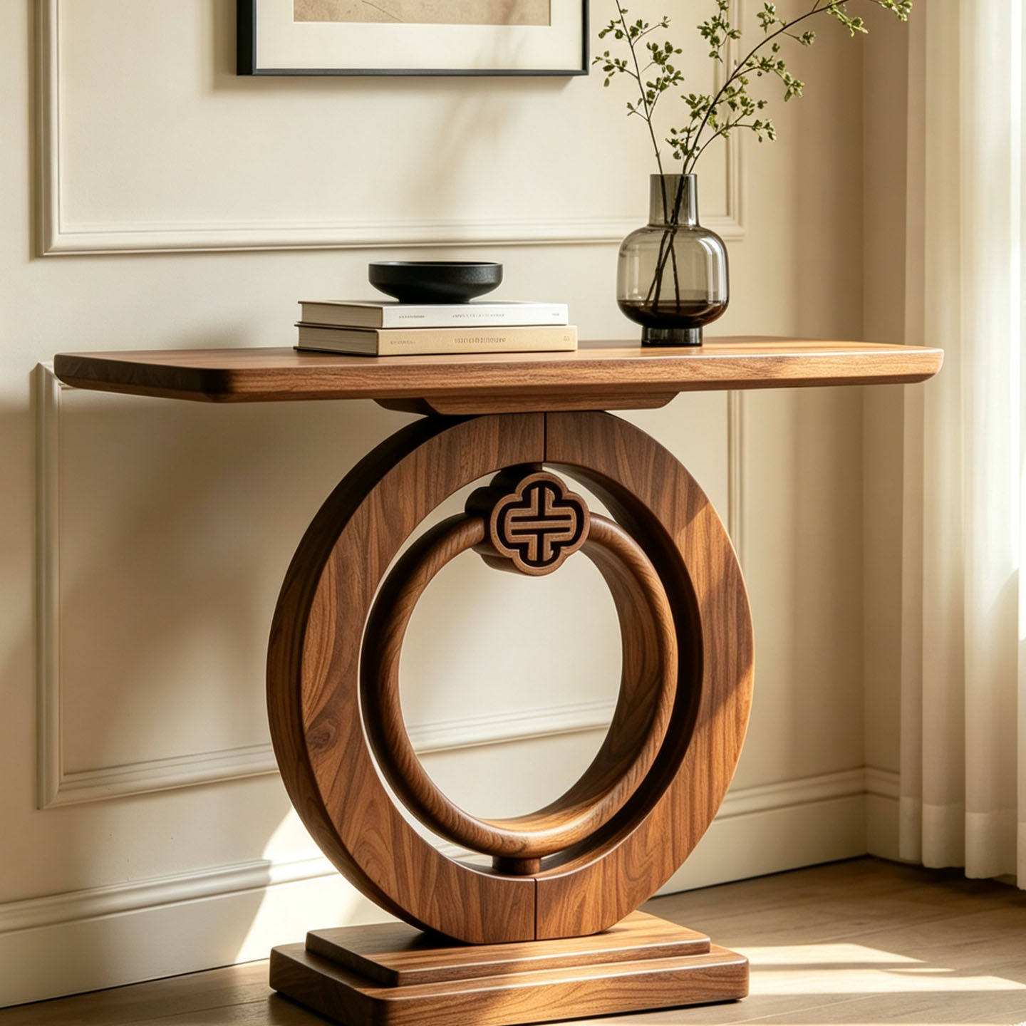 39-Inch Solid Ash Wood Console Table with Double Ring Pedestal