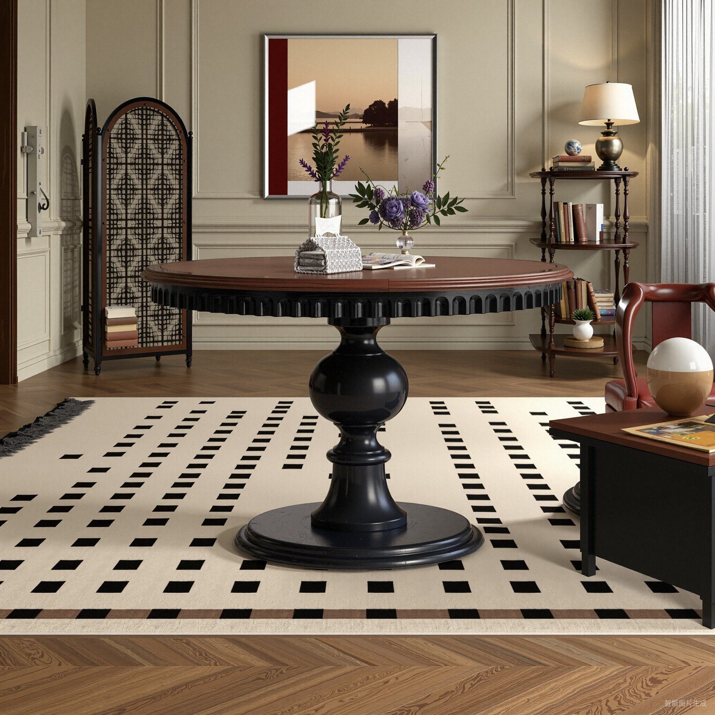 Round Pine Wood Dining Table, Vintage Style Pedestal Kitchen Table with Brown Top and Black Base, Small Space Breakfast Table for Dining Room, Apartment, Cafe, Living Room