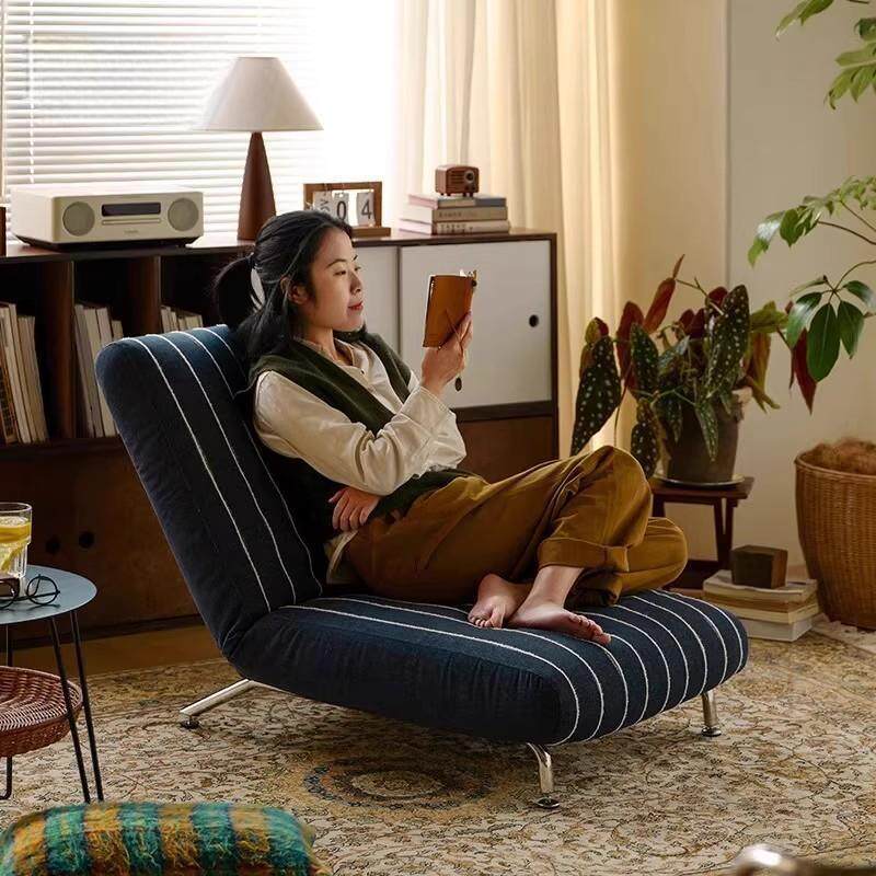 Navy Blue Folding Floor Chair, Adjustable Striped Lounge Sofa