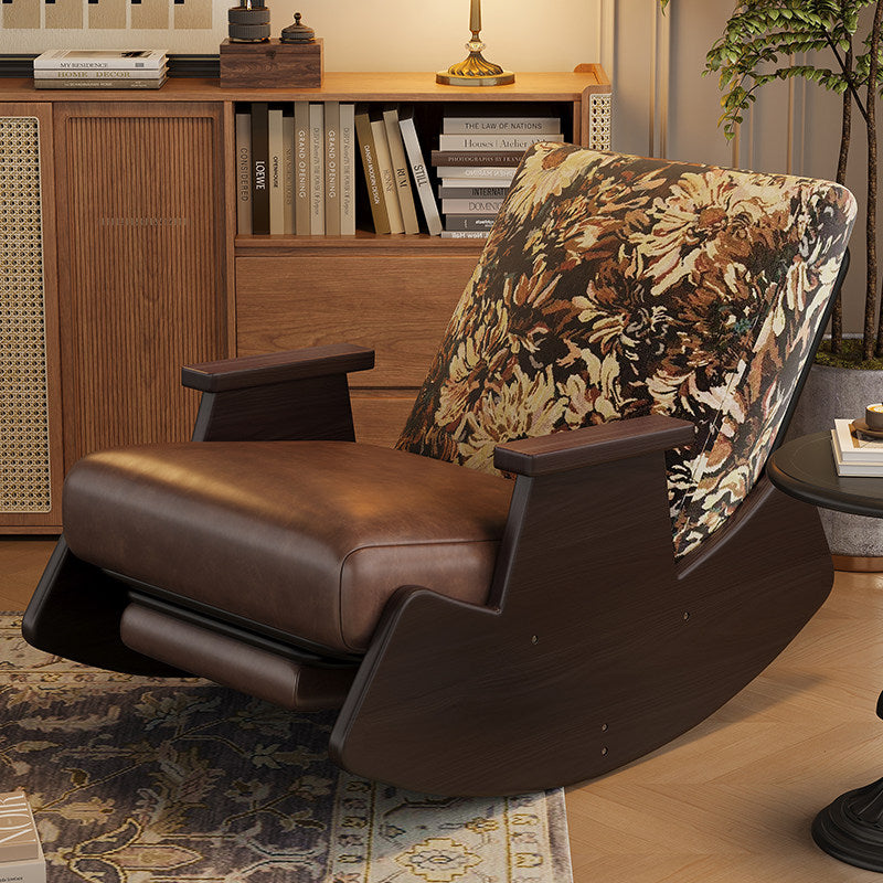 Walnut Wood Rocking Lounge Chair with Floral Cushion and Footrest