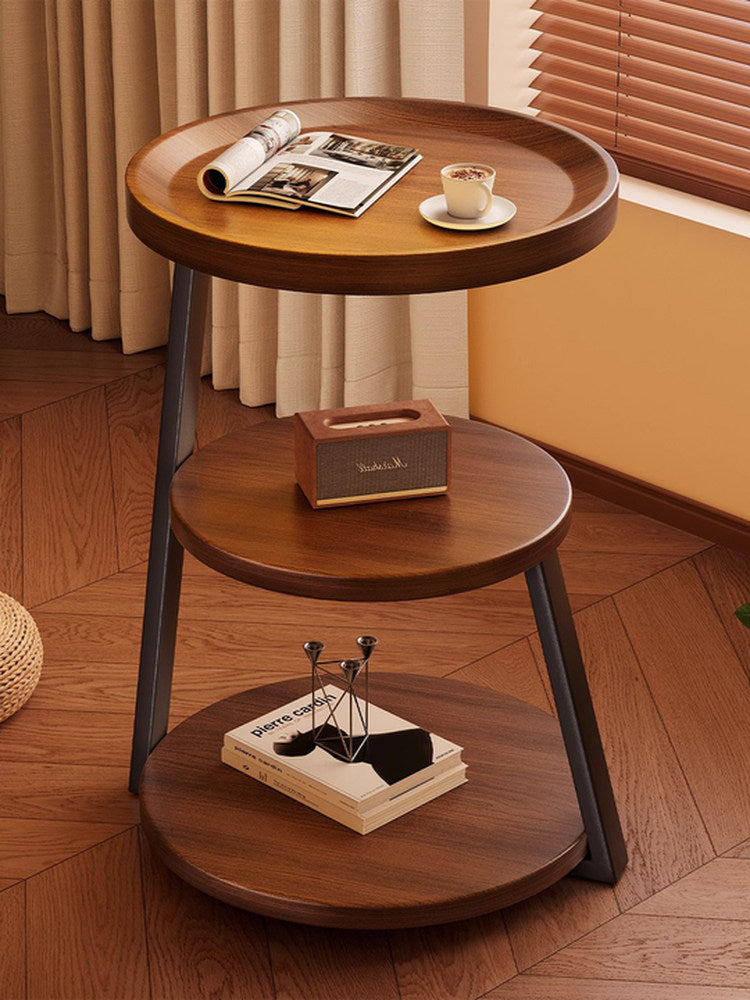 Walnut Brown 3-Tier Round Side Table with Storage Shelves, Black Frame