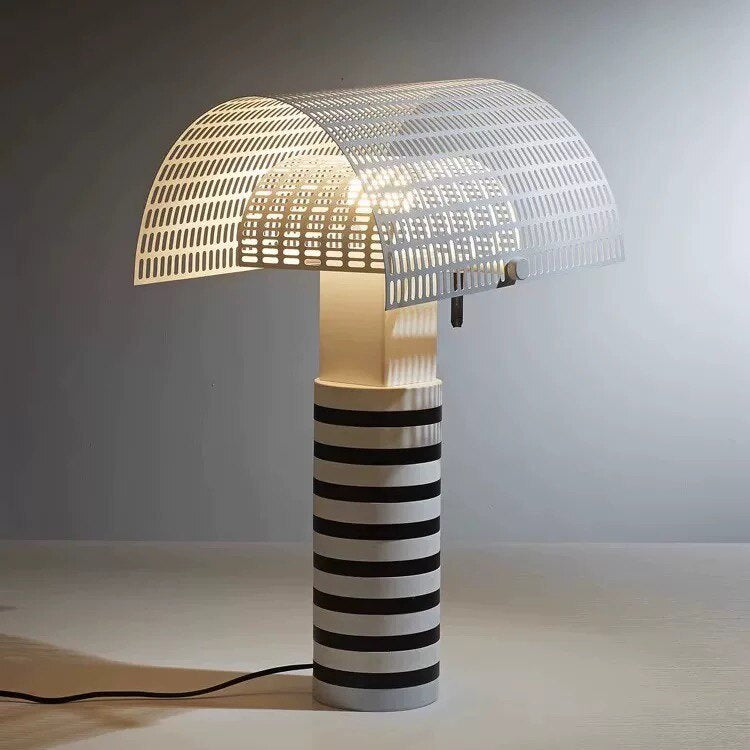 Black and White Striped Table Lamp, Modern Perforated Metal Mesh Shade Desk Lamp, E27 Warm Light Decorative Accent Lamp for Bedroom, Living Room, Study, Office, Bedside Table