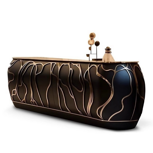 Black and Gold Abstract Sideboard Cabinet, Modern Luxury Credenza with Sculptural Pattern Front, Low Buffet Storage Cabinet for Dining Room, Living Room, Entryway and Hotel Decor