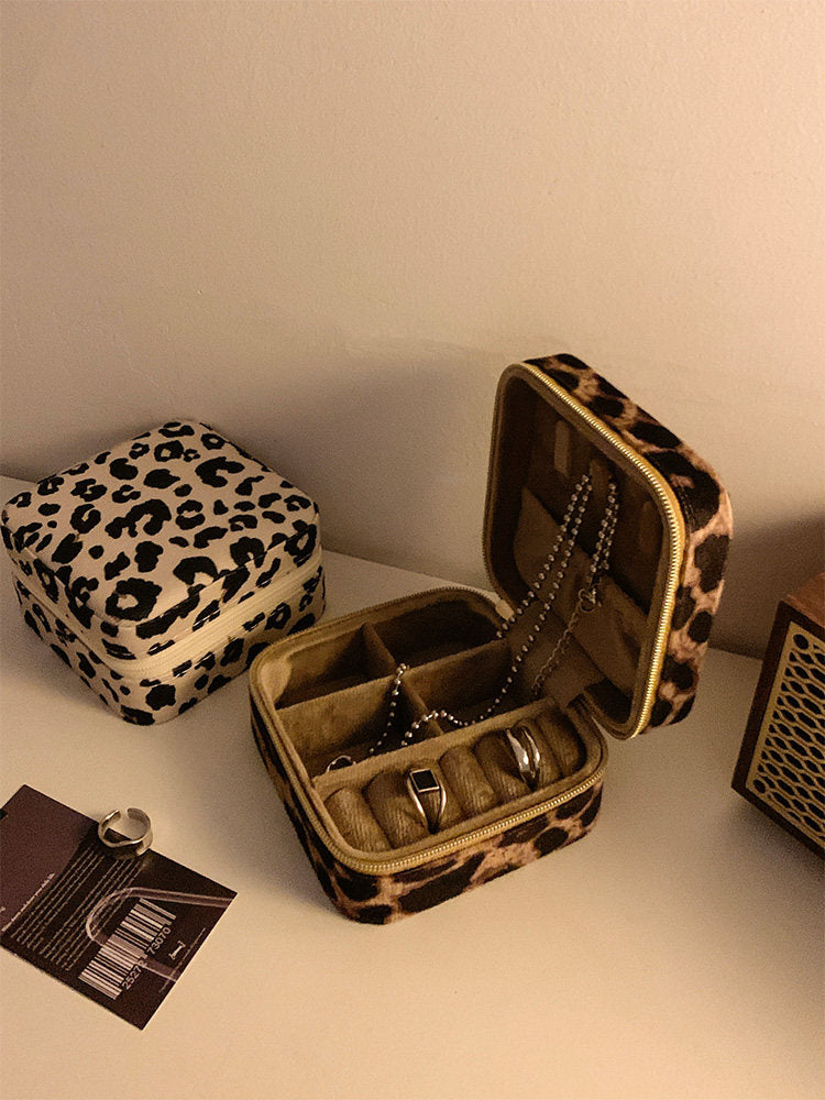 Set of 2 Leopard and Cow Print Travel Jewelry Boxes with Ring Slots