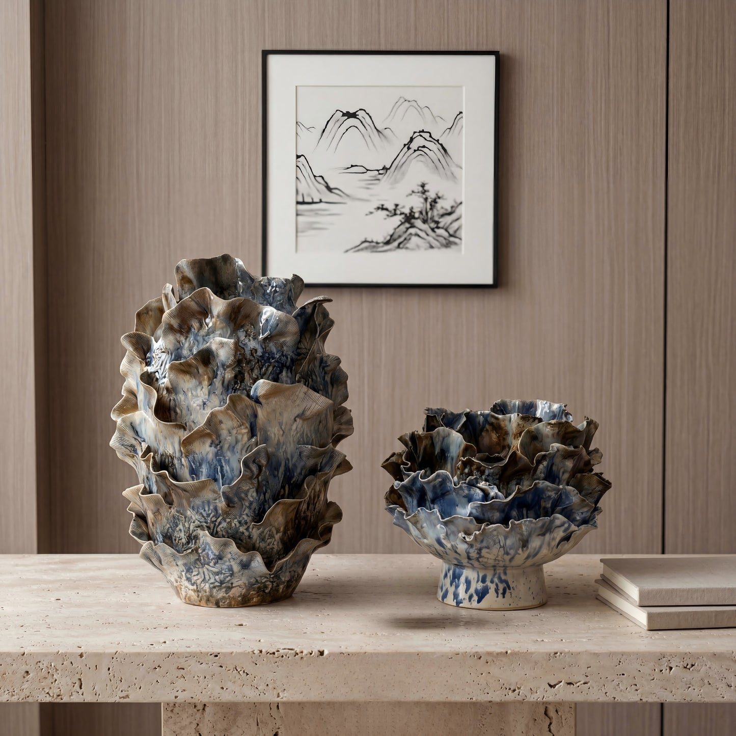 Blue Brown Handmade Ceramic Vase Set of 2, Sculptural Ruffled Petal Art Vessels with Multitone Glazed Finish for Living Room, Entryway, Dining Table and Housewarming Decor