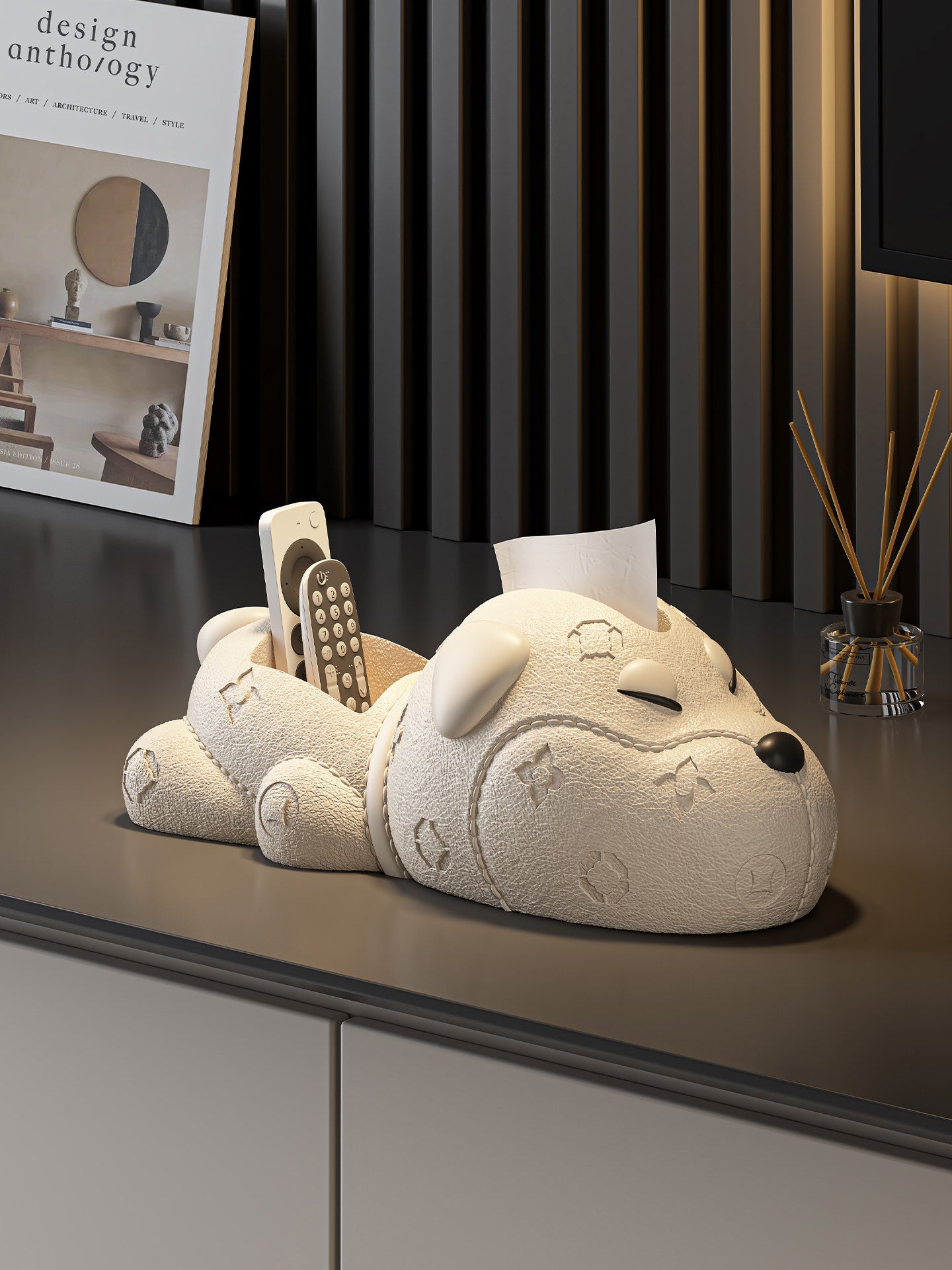 Beige Leather-Texture Dog Tissue Box Holder with Large Tissue Compartment and Dual Remote Control Storage Slots, Decorative Puppy Organizer for Living Room Coffee Table, Bedroom and Office