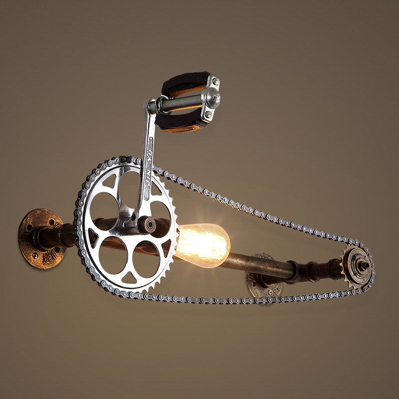 Vintage Industrial Bicycle Gear Wall Sconce, Metal Pipe Wall Lamp with Chain Wheel Design, E27 Single Light Fixture for Bar, Cafe, Restaurant, Living Room, Hallway