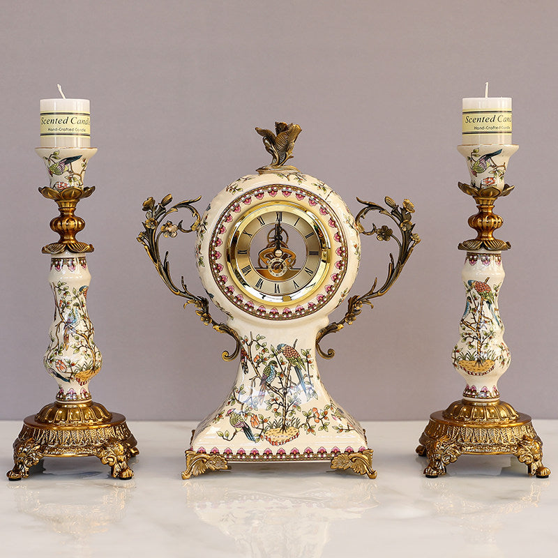 Ceramic Mantel Clock Set with 2 Candle Holders, Bird Floral Design