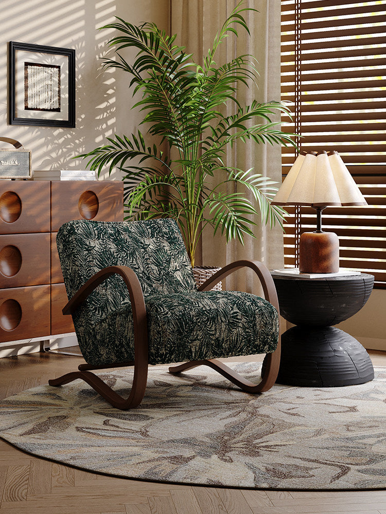 Green Botanical Print Upholstered Accent Chair with Carbon Steel Loop Frame, Modern Retro Single Lounge Armchair for Living Room, Bedroom, Balcony, Reading Nook and Apartment
