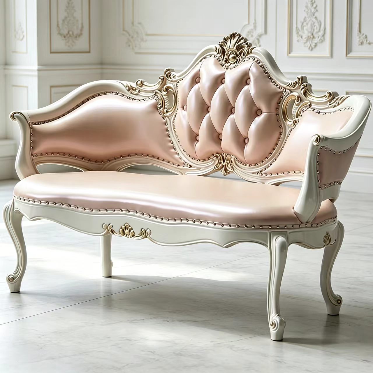 Pink Tufted Loveseat with Carved Solid Wood Frame, 2-Seater Sofa