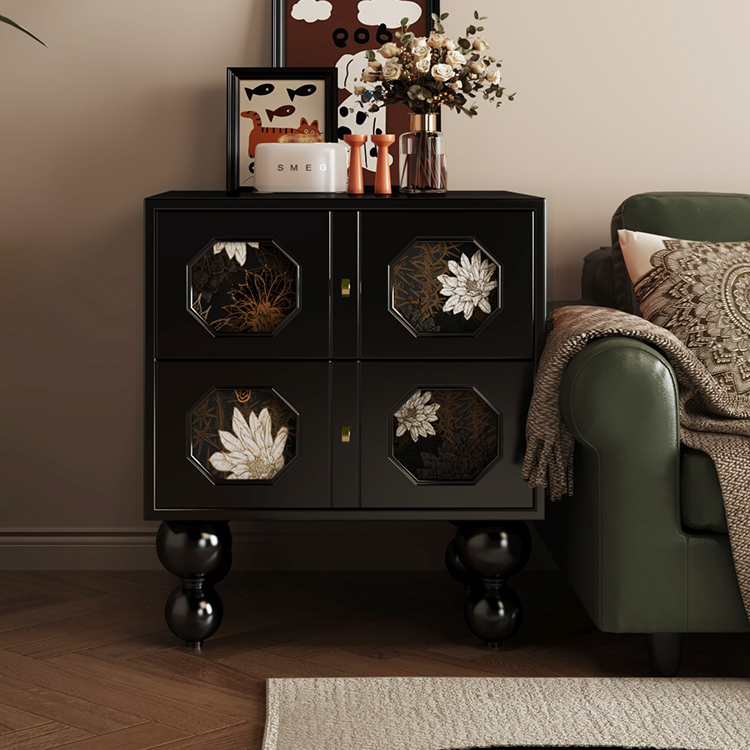Black 2-Drawer Nightstand, Wood Bedside Table with Botanical Accent Panels, Gold-Tone Pulls and Turned Ball Legs for Bedroom, Living Room or Guest Room