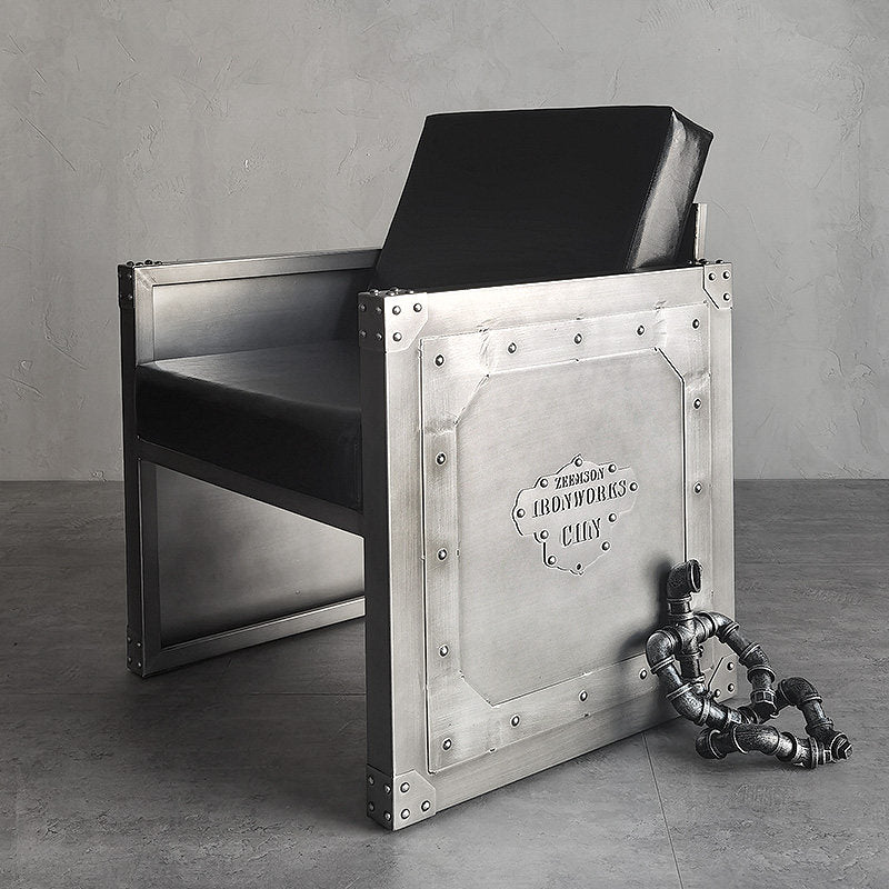 Industrial Metal Accent Chair with Black Faux Leather Cushions, Brushed Silver Armchair for Living Room, Dining Room, Cafe, Bar, Restaurant, Office, Lounge and Modern Home Decor