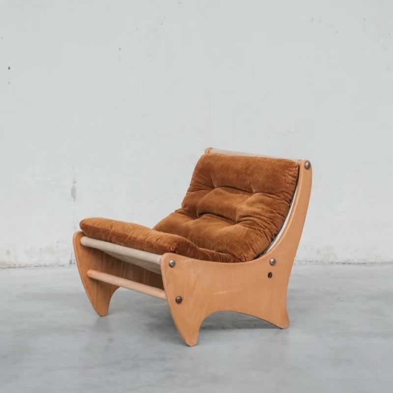 Mid Century Modern Lounge Chair, Brown Corduroy Fabric Accent Chair with Light Wood Frame, Low Profile Single Sofa Chair for Living Room, Bedroom, Balcony, Reading Nook, Café and Boutique Hotel