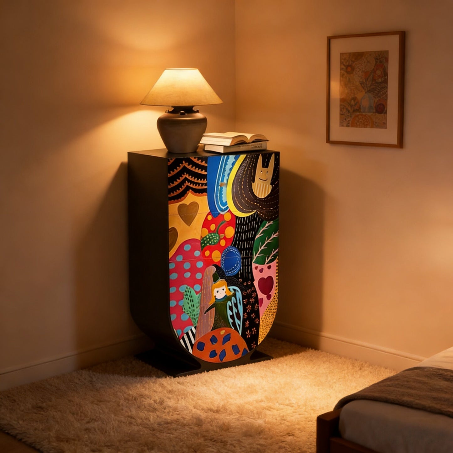 Colorful Painted 4 Drawer Accent Cabinet, Artistic Pine Wood Storage Chest, Modern Whimsical Entryway Cabinet for Kids Room, Bedroom, Living Room, Hallway, Playroom