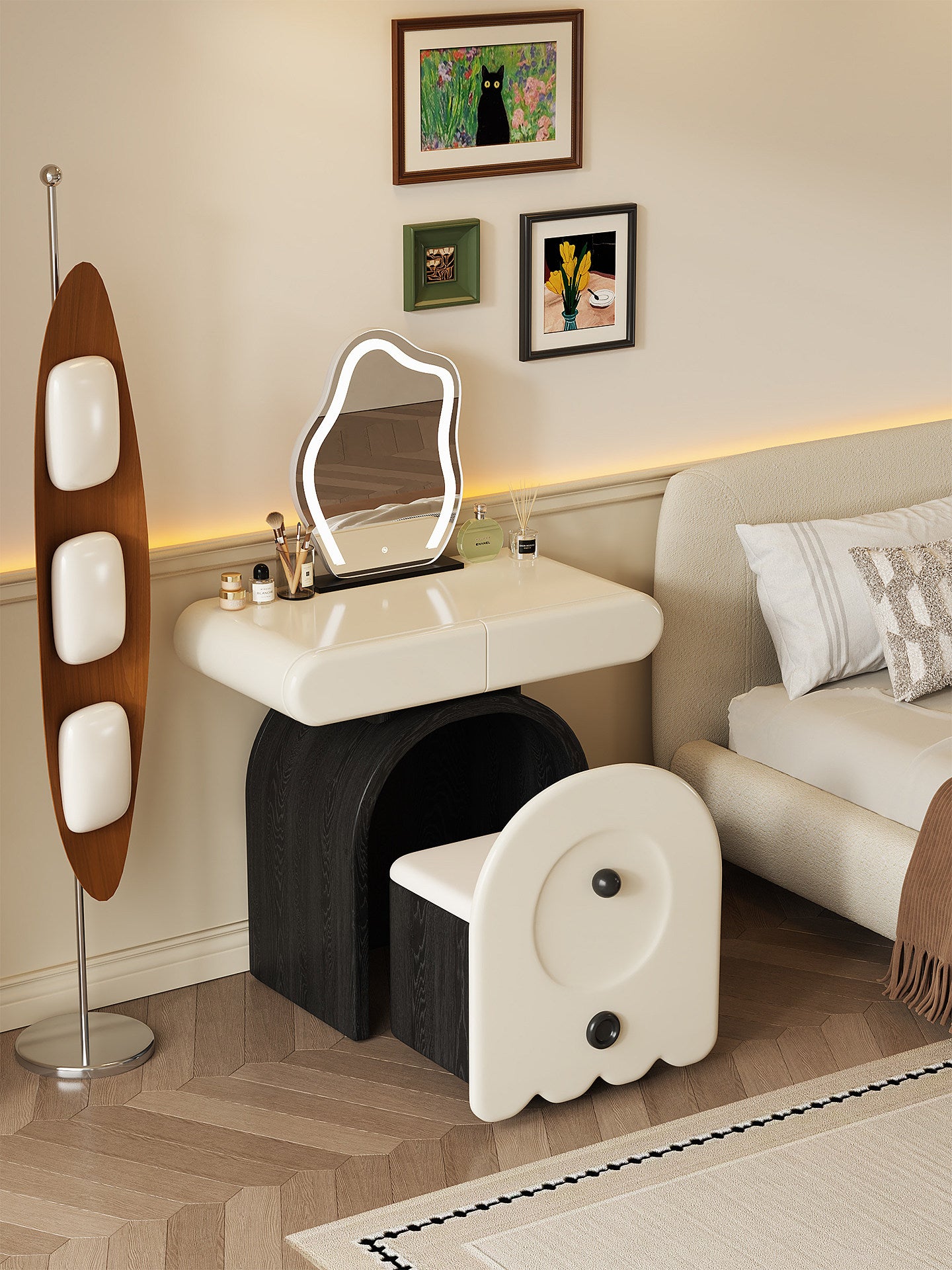 Cream White Vanity Table and Stool Set with Drawers, 31.5 In Wide