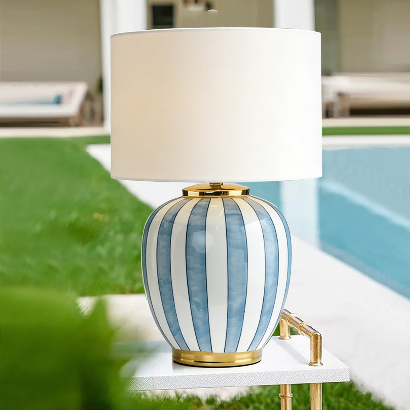 Blue Striped Ceramic Table Lamp with White Fabric Shade, Hand Painted Ginger Jar Bedside Lamp with E27 Socket and Button Switch, Decorative Nightstand Lamp for Bedroom Living Room