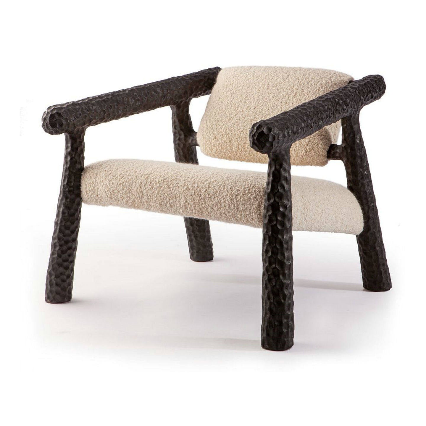 Solid Wood Accent Chair with Boucle Upholstery, Sculptural Carved Armchair, Modern Rustic Lounge Chair for Living Room, Bedroom, Reading Nook, Hotel and Study