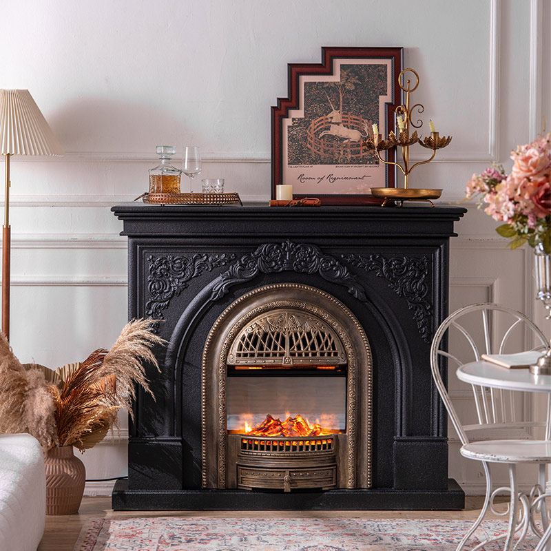 Black Electric Fireplace Mantel with Heater, Ornate Freestanding Faux Fireplace Console for Living Room, Bedroom, Office and Entryway