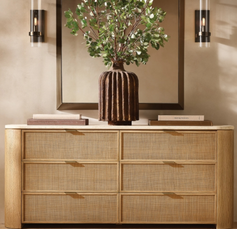Rattan 6-Drawer Dresser with Travertine-Style Top, Wood Cane Storage Chest for Bedroom, Living Room, Hotel, Villa, Natural Finish