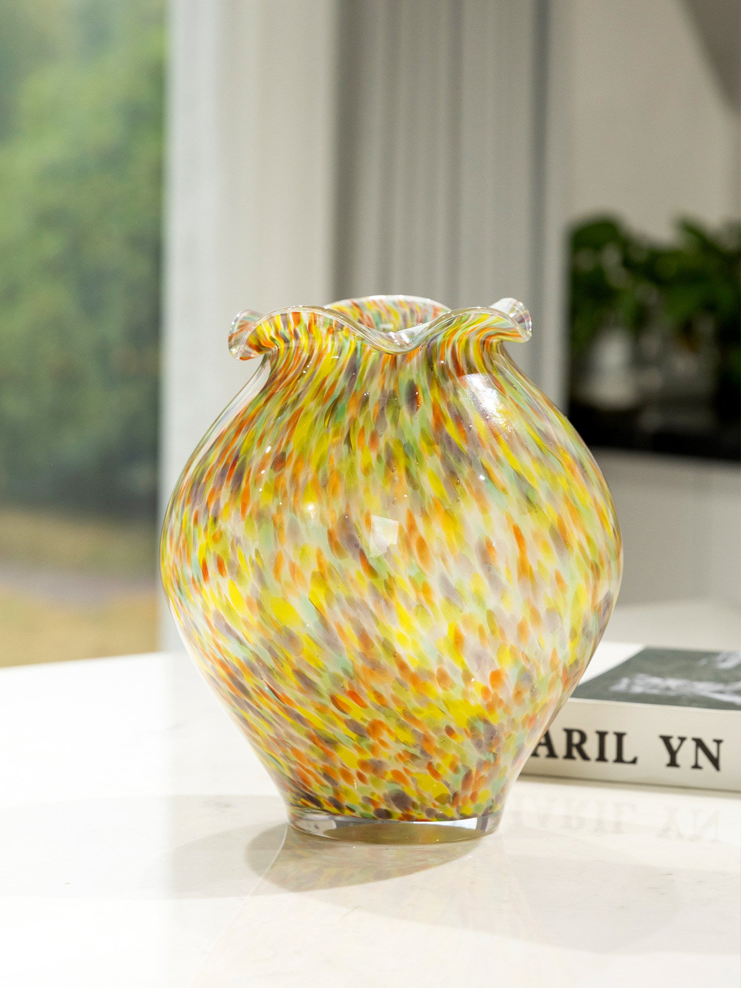 Multicolor Art Glass Vase, Ruffled Rim Decorative Flower Vase