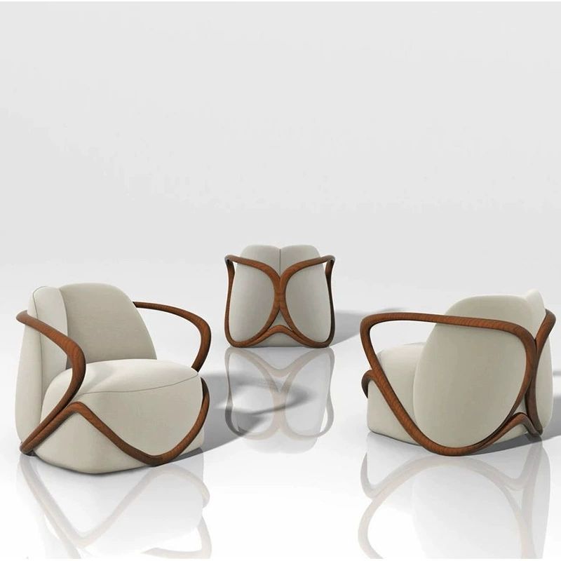 Beige Upholstered Accent Chair with Curved Wood Frame for Living Room