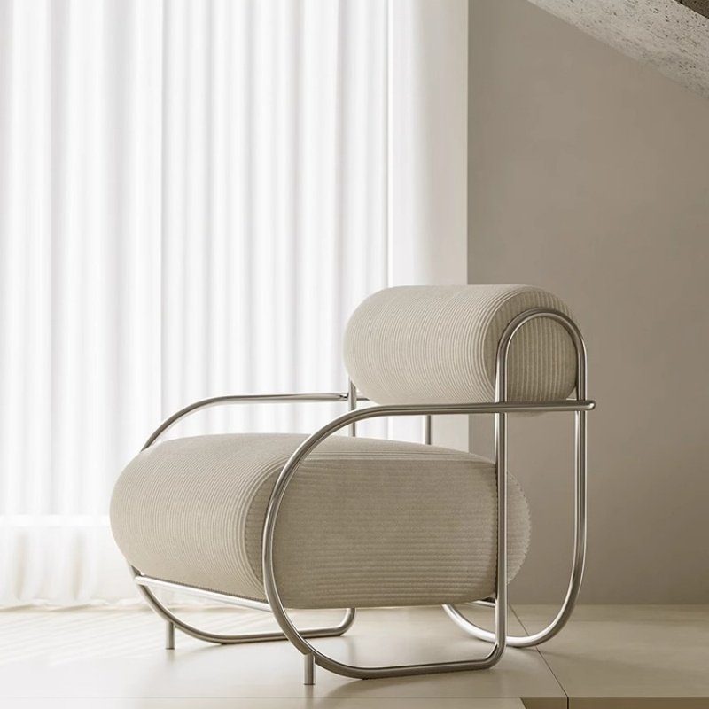 Wide Ivory Corduroy Accent Chair, Upholstered Single Sofa Armchair with Curved Polished Metal Frame, Retro Modern Lounge Chair for Living Room, Bedroom, Reading Nook and Apartment