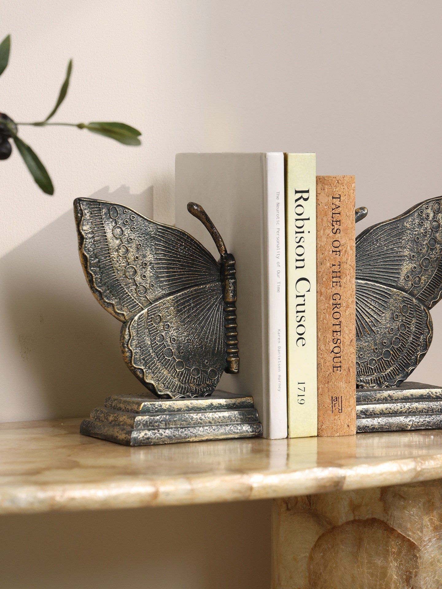 Vintage Butterfly Bookends, Antique Brass Resin Book Holders, Set of 2
