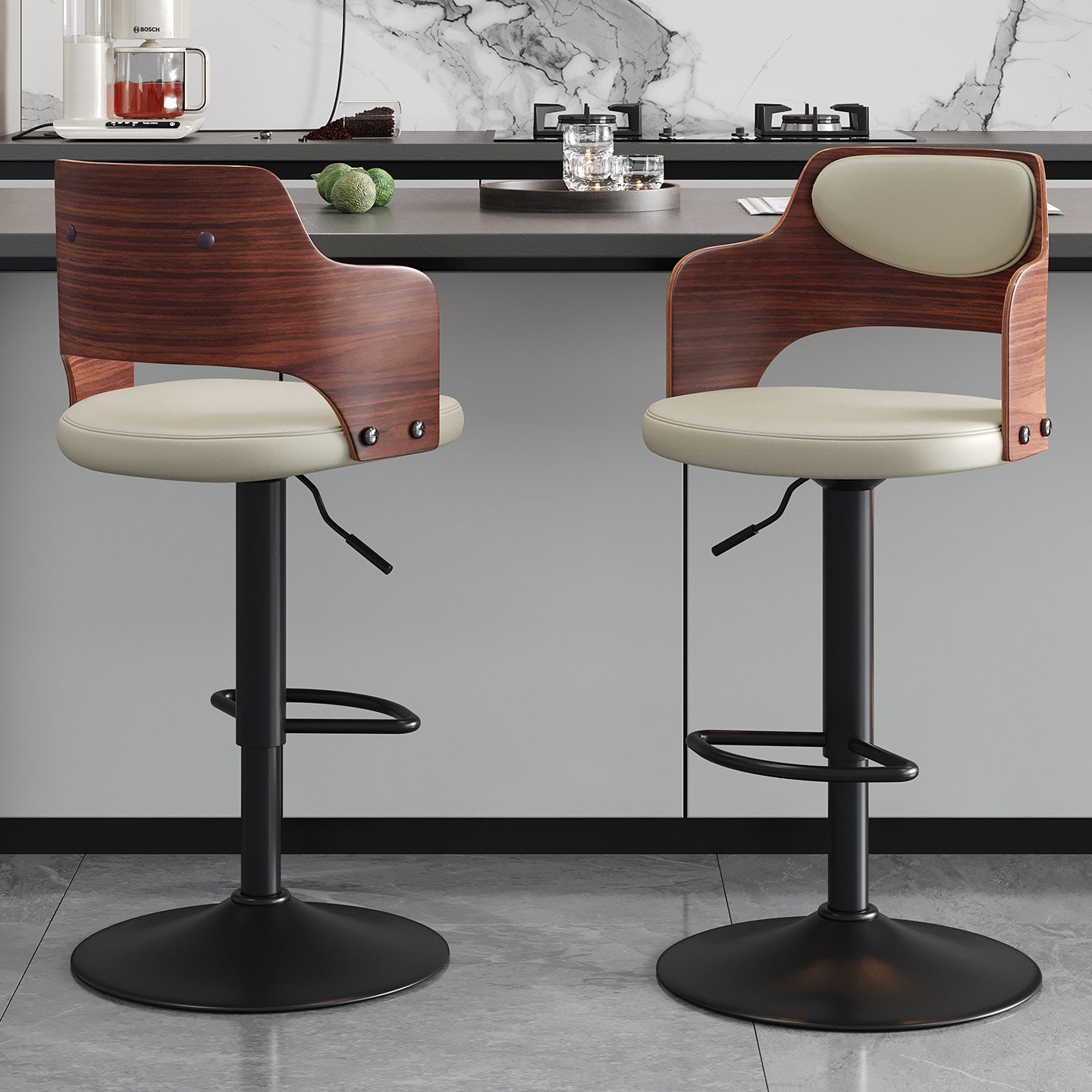 Adjustable Swivel Bar Stool, Walnut Wood Back, Pearl Gray Faux Leather