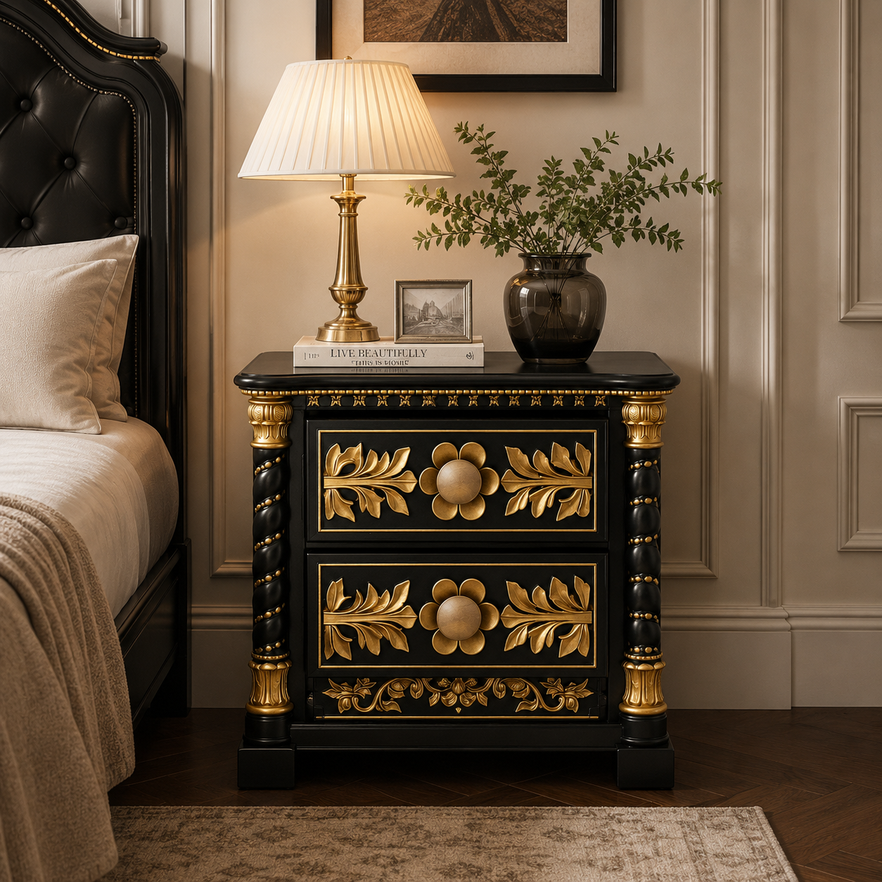 Black Gold 2-Drawer Neoclassical Nightstand with Floral Relief