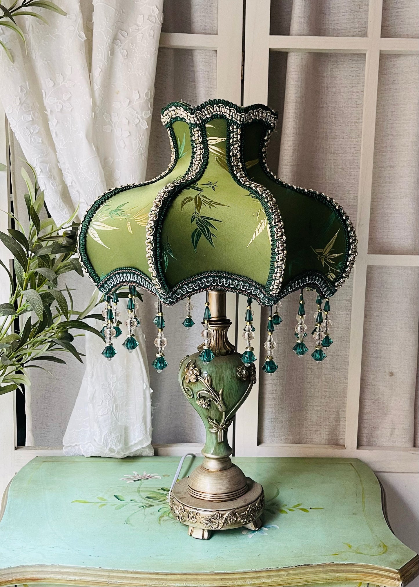 Vintage Green Bamboo Table Lamp with Fabric Shade, Beaded Fringe and 3-Way LED Bulb