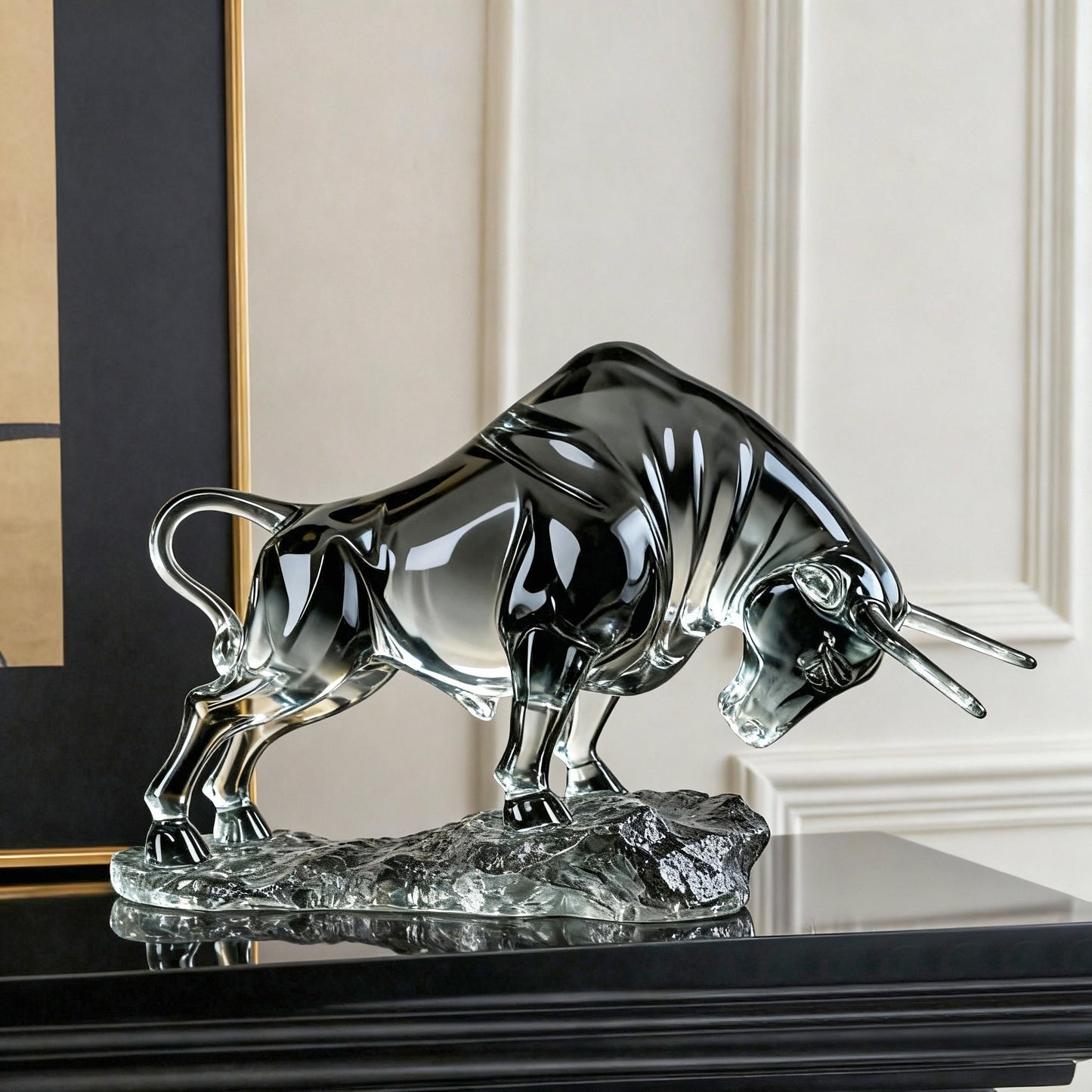 Transparent Bull Statue, Dynamic Head-Down Cattle Sculpture on Textured Base, Clear Glass-Look Animal Figurine for Office Desk, Living Room, Bookshelf and Executive Décor