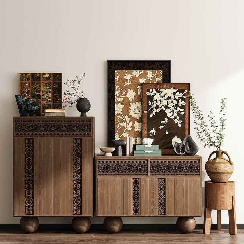 Walnut Brown Solid Wood Storage Cabinet, Carved 2-Door Chest