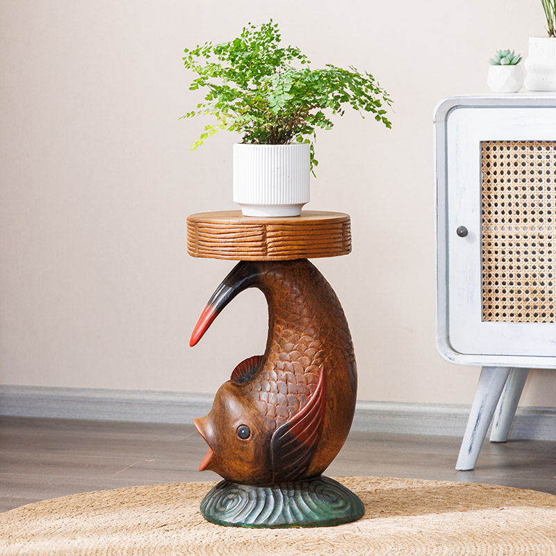Brown Solid Wood Koi Fish Stool, Carved Side Table