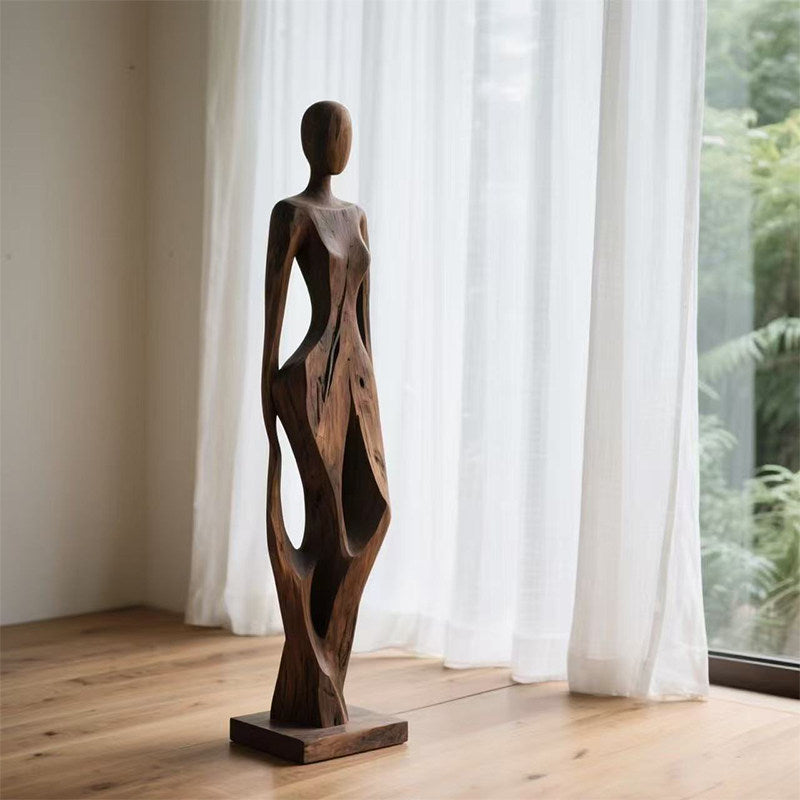 Large Abstract Female Wood Floor Sculpture, Tall Hand Carved Figurative Statue, Brown Wooden Art Decor for Hotel Lobby, Villa, Clubhouse, Entryway, Living Room and Gallery