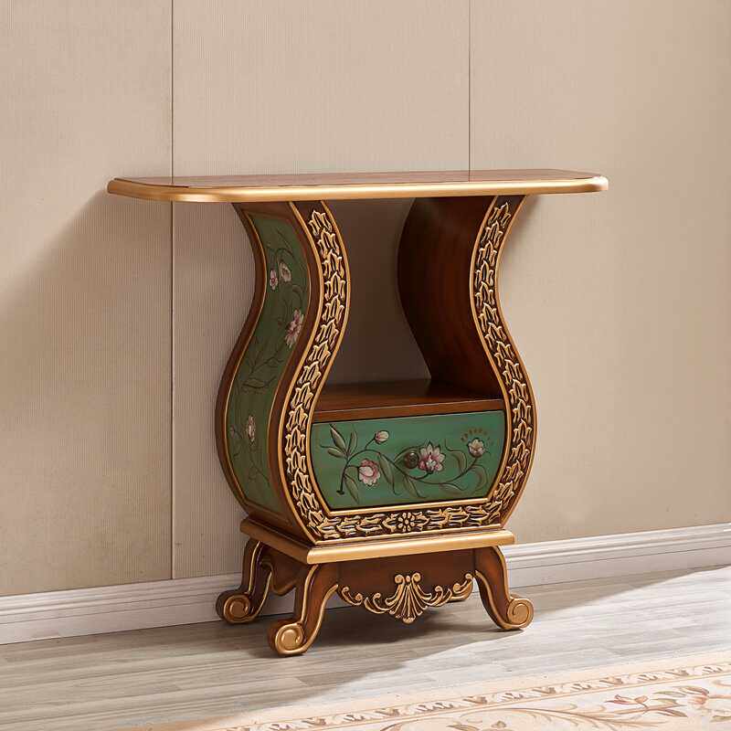 Solid Wood Console Cabinet with Drawer, Green Floral Accent Table
