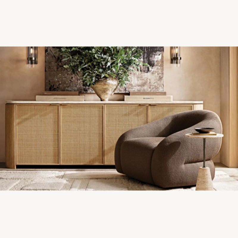 Cane Door Sideboard Buffet Cabinet, 4-Door Rattan Media Console with Travertine-Style Top for Living Room, Dining Room, TV Stand, Natural Wood