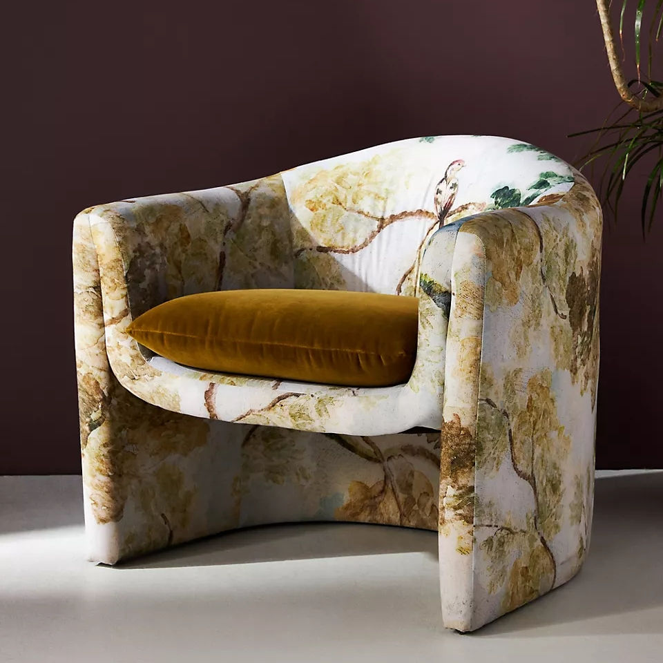 Floral Bird Print Accent Chair with Mustard Velvet Cushion for Living Room