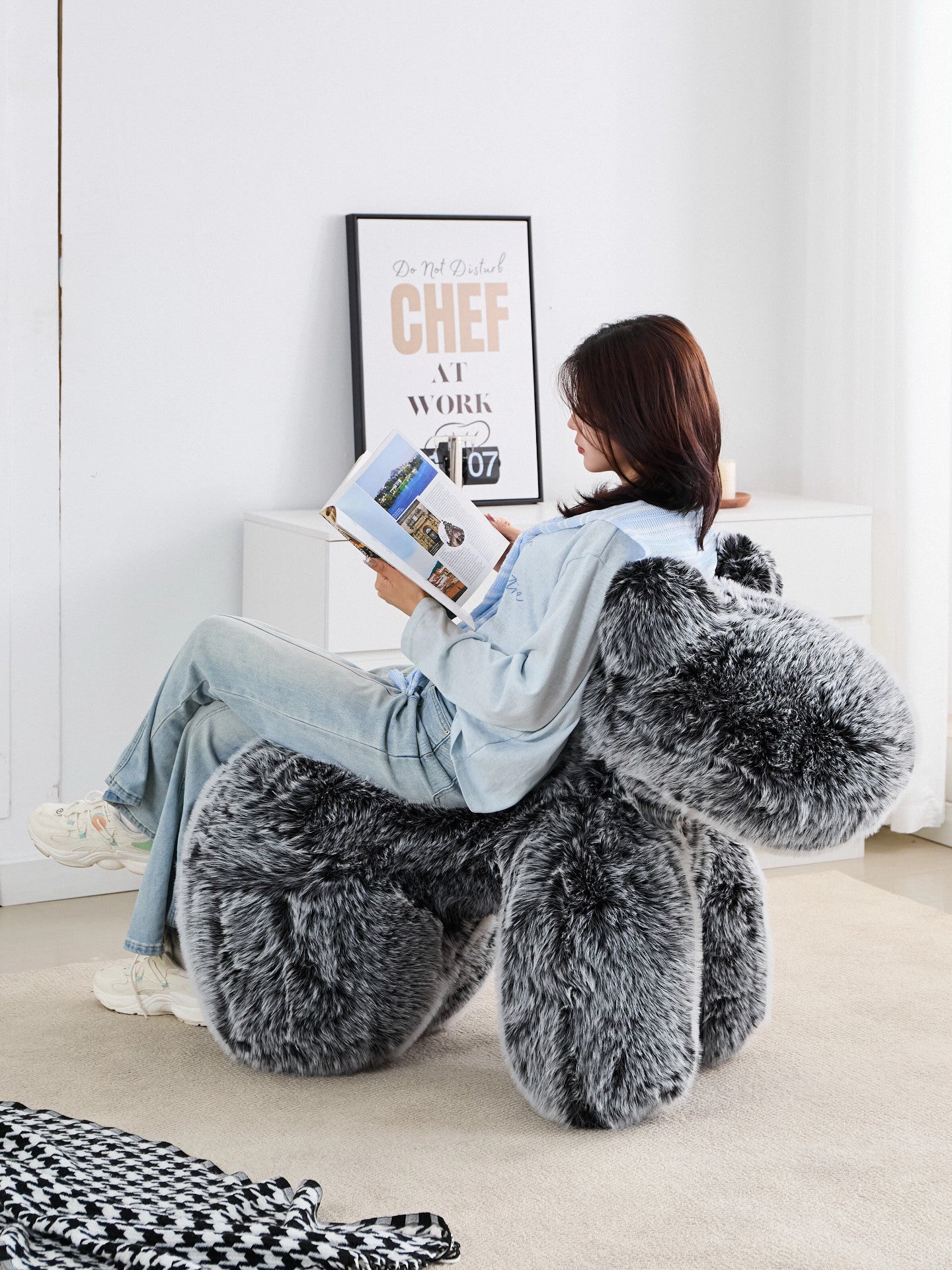 Gray Faux Fur Animal Accent Chair, Sculptural Four-Legged Molded Foam Lounge Seat with Plush Upholstery for Living Room, Bedroom, Reading Nook and Playroom Décor
