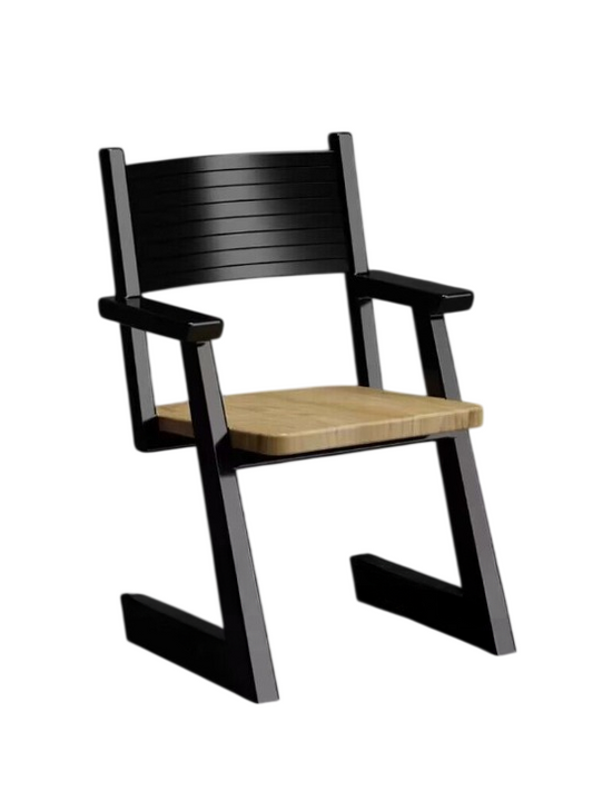 Black Solid Wood Dining Chair with Arms, Vintage Style Wooden Accent Chair with Natural Wood Seat and Slatted Backrest, Modern Nordic Arm Chair for Dining Room, Kitchen, Study Desk, Cafe, Bedroom, and Living Room