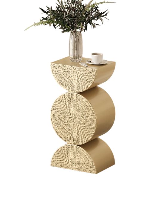 Gold Sculptural Side Table, Narrow End Table with Textured Wheat Pattern, Modern Accent Pedestal Table for Living Room, Bedroom, Sofa Side, Entryway, Apartment, and Small Spaces